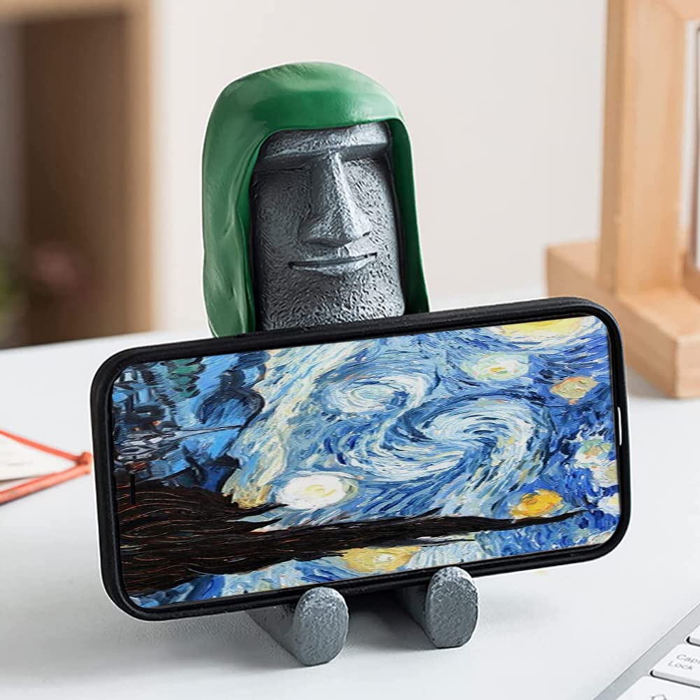 Taxually Moai Easter Island Statue Decoration with Smartphone Stand, Retro Figure Home Office Ornament with Phone Holder, Moai Statue with Green Coat for Bookshelf, Desktop Decoration