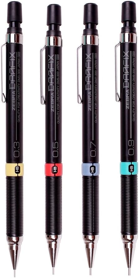 Zebra DRAFIX DM3-300, DM5-300, DM7-300 and DM9-300 Mechanical Pencils (4pcs) - Black (with Free 5-Color Sticky Notes)