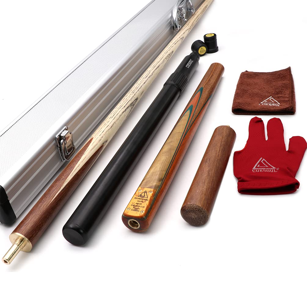 CUESOUL 57" 3/4 Jointed Snooker Billiard Pool Cue Handcrafted 18oz with Telescopic Aluminium Extension & 6" Walnut Extension, Ash Shaft & Walnut Butt, in Aluminium Cue Case, 9.5mm Tip Snooker Cue Set