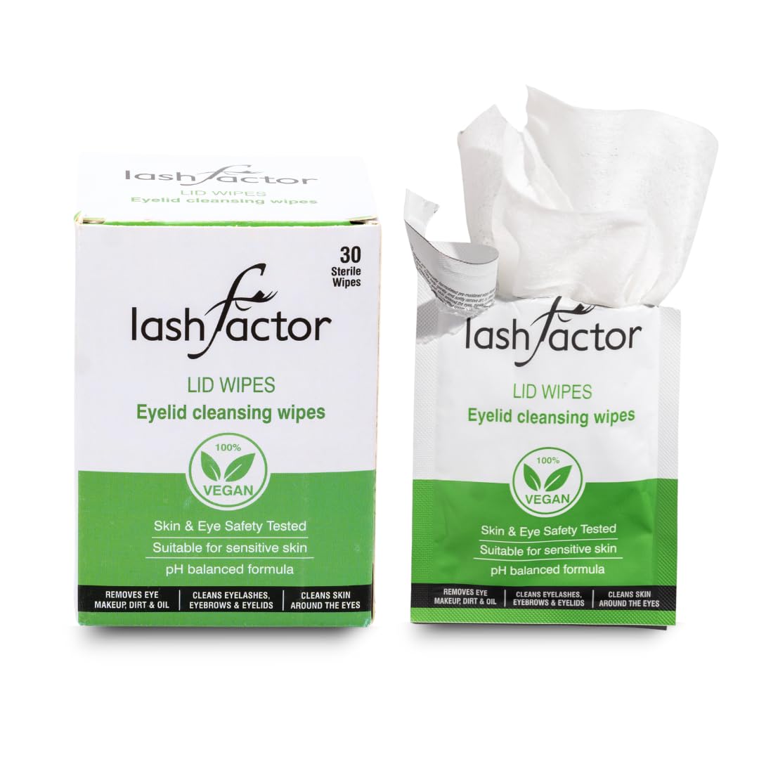 Lashfactor Eyelid Cleansing Wipes for Daily Eyelid Hygiene & Tired and Dry Eyes - Plant Based, Individually Wrapped Eyelash Wipes, Natural Makeup Remover - 30 Wipes (Pack of 1)