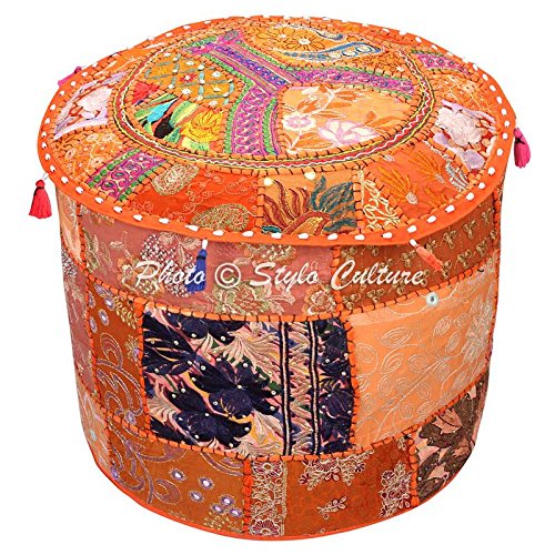Stylo Culture Ethnic Ottoman Cover Round Indian Patchwork Embroidered Pouffe Ottoman Cover Orange Cotton Floral Traditional Furniture Footstool Seat Puff Cover (22x22x14)