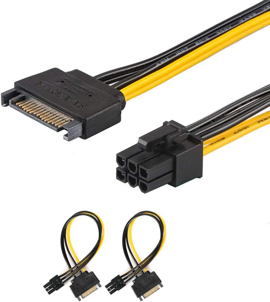 J&D (2 Pack) SATA 15 Pin to 6 Pin PCI Express (PCIe) Graphics Video Card Power Cable Adapter (20 cm)