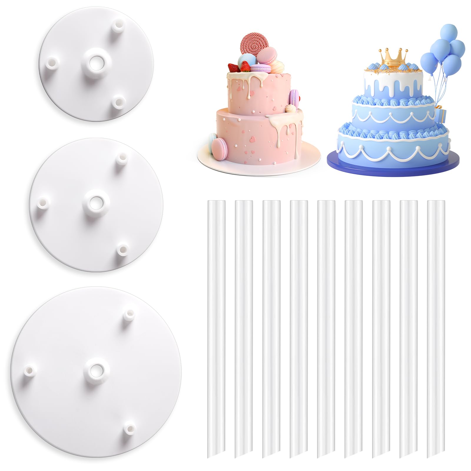 Vicloon Cake Dowel Rods Set, 9 Pcs Plastic Cake Support Rods, White Cake Stand Sticks with 3PCS Cake Boards, Reusable Cake Stand Sticks for Tiered Cake Construction Supporting