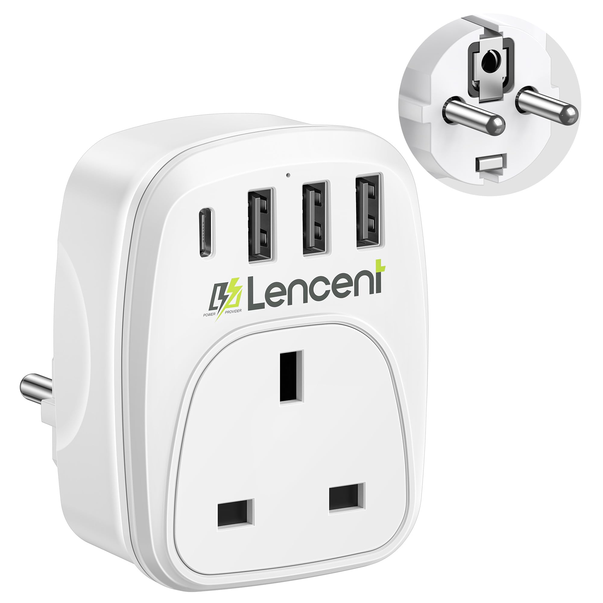 LENCENT UK to European Plug Adapter with 3 USB Ports and 1 Type C, Grounded EU Euro Europe Travel Adapter for Germany Spain France Portugal Greece Russia Morocco Turkey Poland and more (Type E/F)