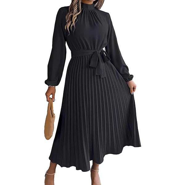 2024年✨️Wrinkle Pleats Long Sleeve Dress Solid Dresses for Women 2024 Mock Neck Long Sleeve Pleated A Line