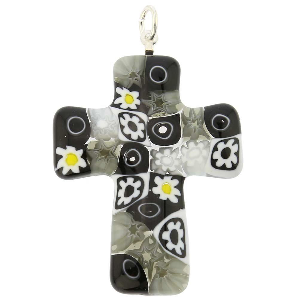 Glass Of Venice Murano Glass Black and White Millefiori Cross Pendant