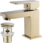 Luckyhome Brushed Gold Basin Mixer Tap with Pop Up Waste Square Chrome Brass