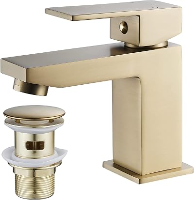 Luckyhome Brushed Gold Basin Mixer Tap with Pop Up Waste Square Chrome Brass