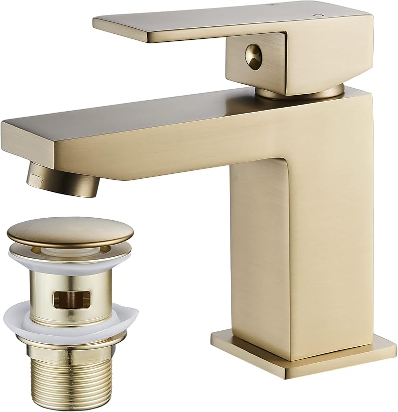 Luckyhome Brushed Gold Basin Mixer Tap with Pop Up Waste Square Chrome Brass