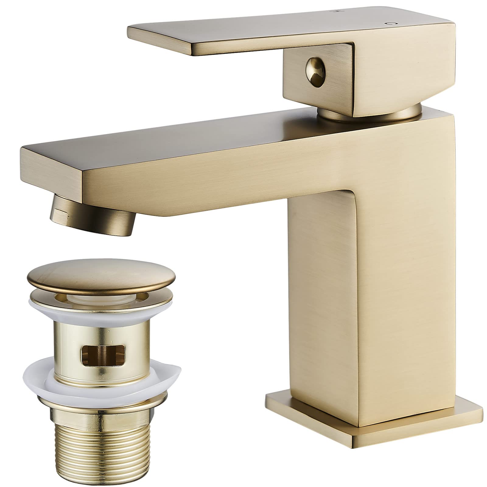 Luckyhome Brushed Gold Basin Mixer Tap with Pop up Waste,Washroom Square Single Lever Chrome Brass Mixer Tap