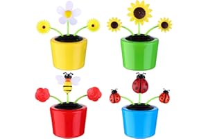 WELECOM 4 Solar Dancing Bee Toy Solar Powered Dancing Sun Flower in Colorful Pots Swinging Daisy Flip Flap Animated Bobblehead Dancer Window Rose Sun Catcher Car Dashboard Decor Portable Suncatchers