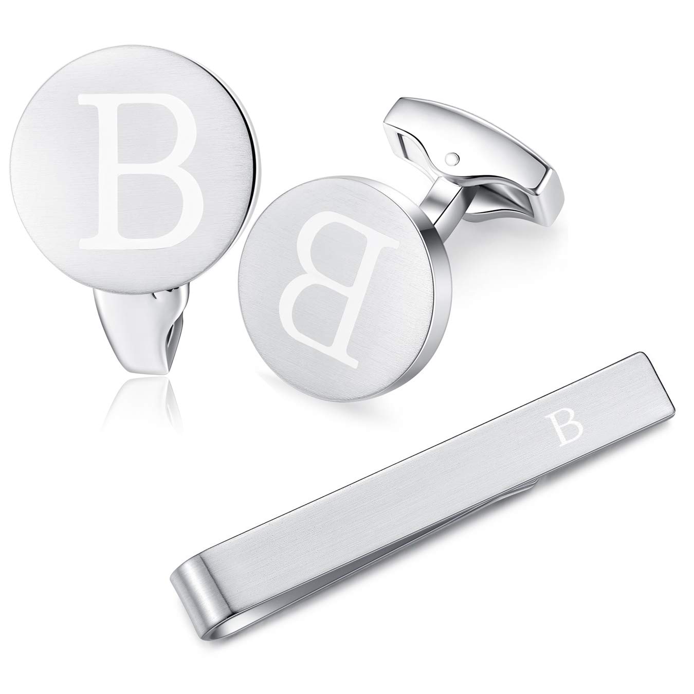 HONEY BEAR Initial Alphabet Letter Cufflinks Skinny Tie Clip Set for Mens Shirt - Round Stainless Steel, for Skinny Narrow Tie Business Wedding Gift,Brushed Silver,4cm (B)