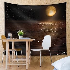 View of The Moon Over The Ocean - Fabric Tapestry, Home Decor - 51x60 inches