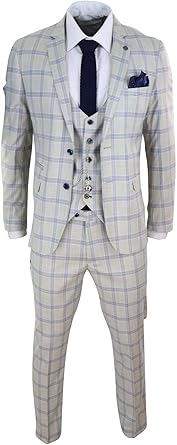 Costume Homme Beige Crème Bleu 3 Pièces Style Classique