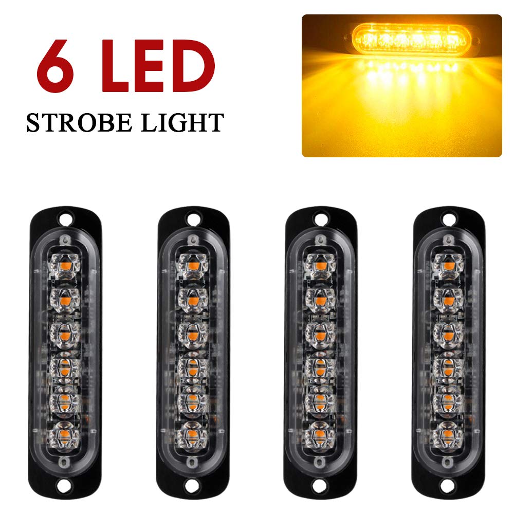 yifengshun 4PCS 6LED Amber Emergency Warning Strobe Lights, Universal Caution Hazard Strobe Light Bar,Surface Mount Recovery Breakdown Beacon Light for 12V - 24V Car Truck Vehicle Trailer
