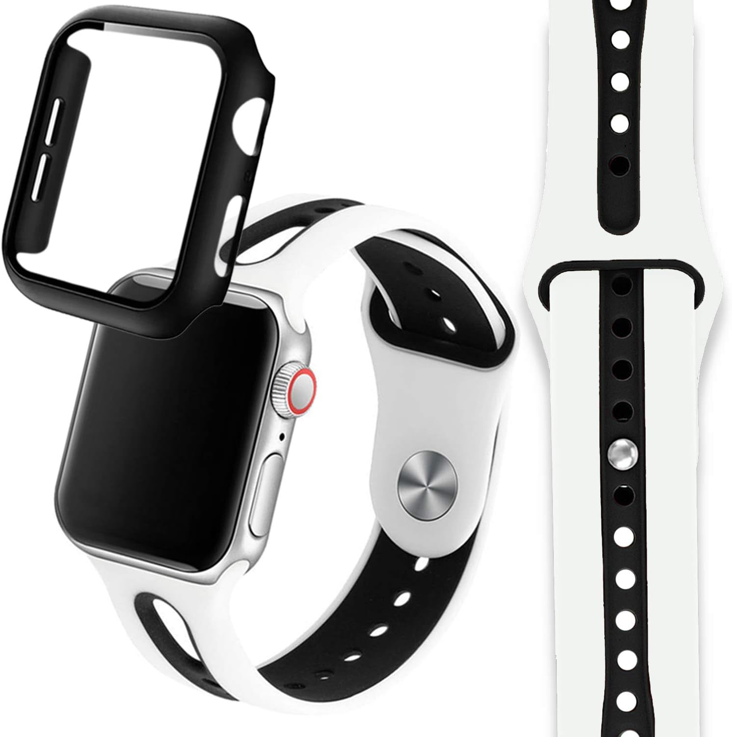 ThinkPro, Apple Watch Band with Protective Case Cover, Soft Silicone Band/Strap and Tempered Glass Screen Protector for Apple Watch Series 6/SE/5/4 (44mm, Large, White Black + Case Cover)