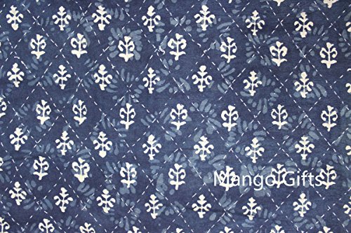 Mango Gifts Indigo Kantha Work Bedspread Queen Size Block Print 100%Cotton Gudari