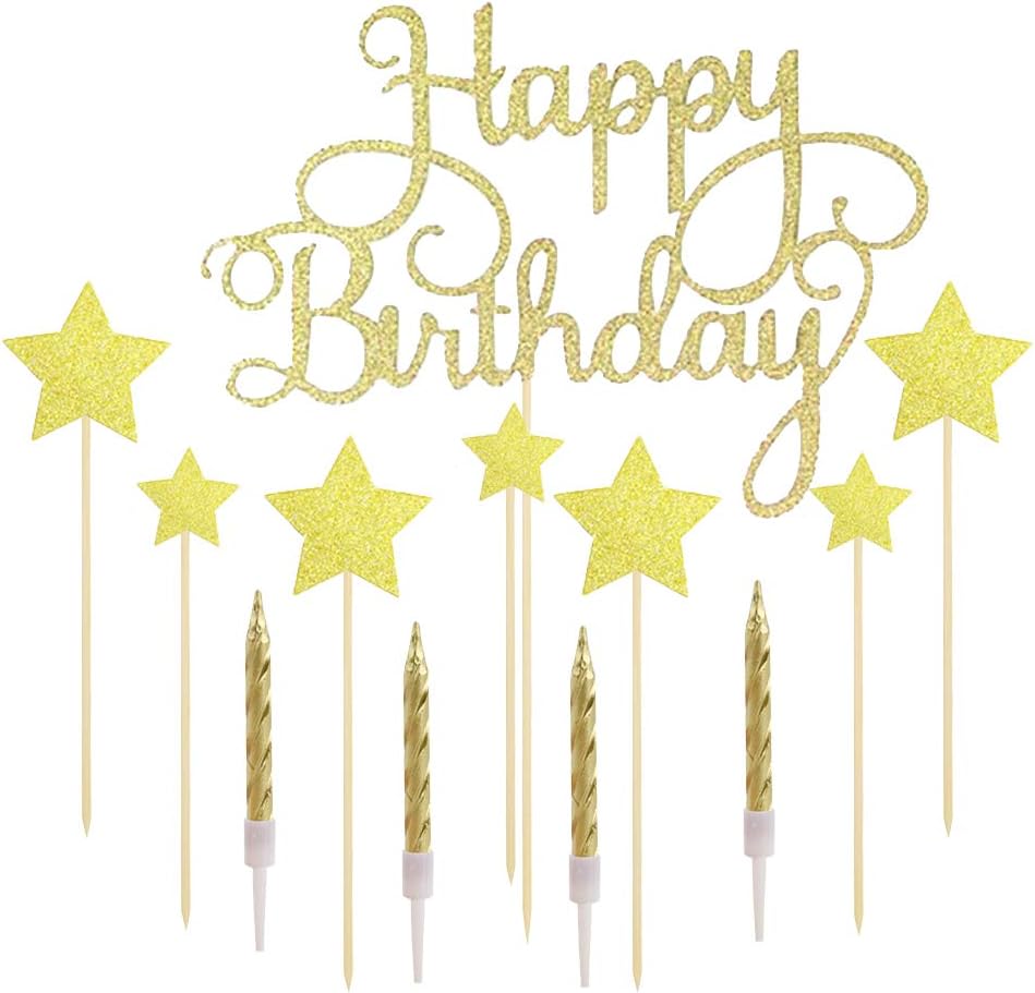 Lifreer Happy Birthday Cake Topper Gold Birthday Cake Decorations Cake Toppers Stars Cake Toppers with Gold Candles for birthday decoration - Image 4