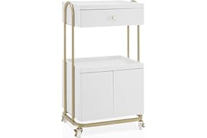 BarberPub Salon Trolley with Universal Wheels, Storage Rolling Cart with Drawer, Barber Shop Tool Organizer for Hair Stylist, SPA Metal Trolley for Storing Skin Cosmetics 2074 (White)