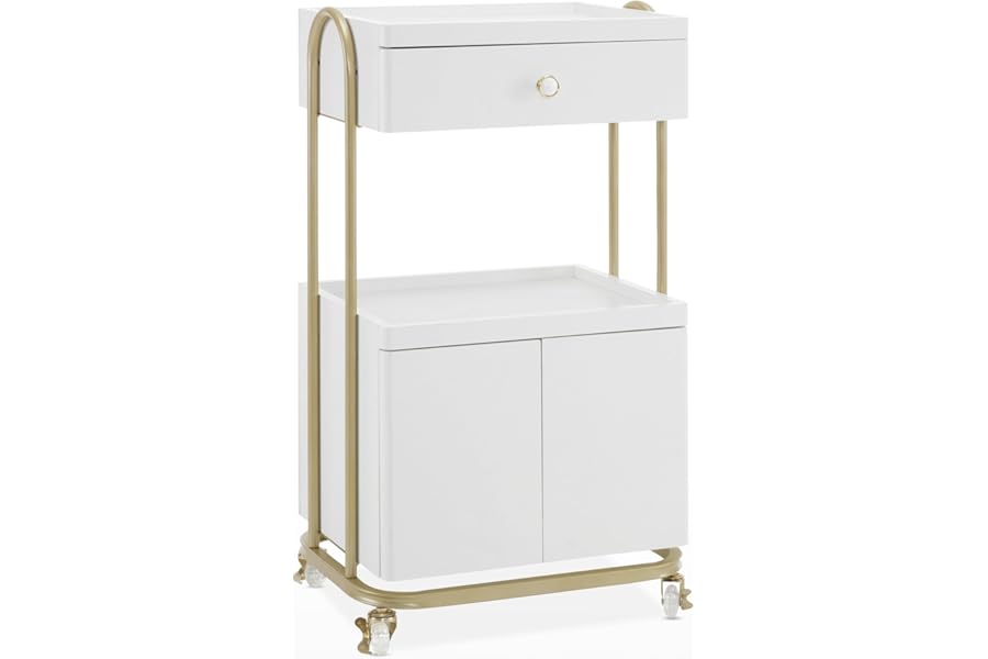 BarberPub Salon Trolley with Universal Wheels, Storage Rolling Cart with Drawer, Barber Shop Tool Organizer for Hair Stylist, SPA Metal Trolley for Storing Skin Cosmetics 2074 (White)