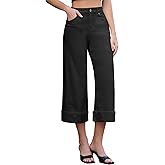 Vetinee Capris Jeans for Women Wide Leg High Waisted Trendy Fold Hem Summer Casual Stretchy Denim Jean Capri Pants
