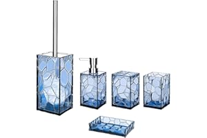 AKSIPO Blue Acrylic Bathroom Accessory Set, 5 Pcs Bathroom Accessories Set with Lotion Dispenser,Soap Dish,Tumbler,Toothbrush Holder,Toilet Brush Set, Elegant Bathroom Decor and Housewarming Gift Set