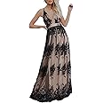 Dokotoo Womens 2025 Formal Dresses Plunging V-Neck Embroidered Floral Lace Mesh Velvet Maxi Dress