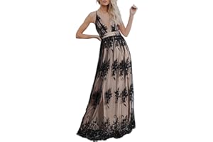 Dokotoo Womens Formal Dresses Deep V-Neck Embroidered Lace Mesh Evening Party Prom Dress Long Wedding Dress