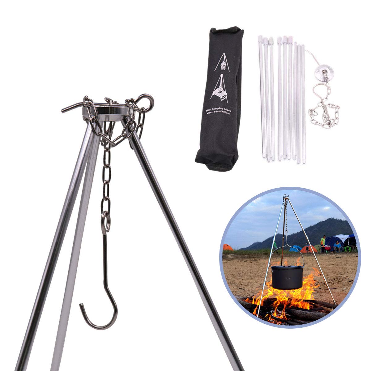 Photo 1 of Rayeeley Portable Mini Camping Tripod Campfire Cooking Dutch Oven Tripod Adjustable Tripod Cooker Campfire Grill Stand Tripod Set Cooking Lantern Hanging Pot Holder with Storage Bag