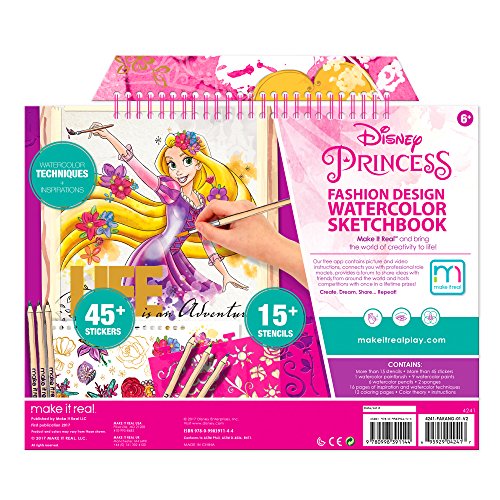 Make It Real – Disney Princess Fashion Watercolor Sketchbook. Disney Princesses Water Coloring Book for Girls. Includes Princess Sketch Pages, Paint Brushes, Watercolor Paints, Stencils & Stickers