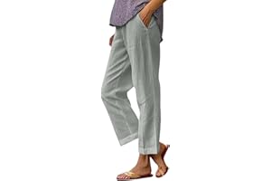 ZsaeSM Cropped Linen Pants Women Summer Elastic Waist Straight Leg Plus Size Crop Pants Casual Beach Trousers with Pockets