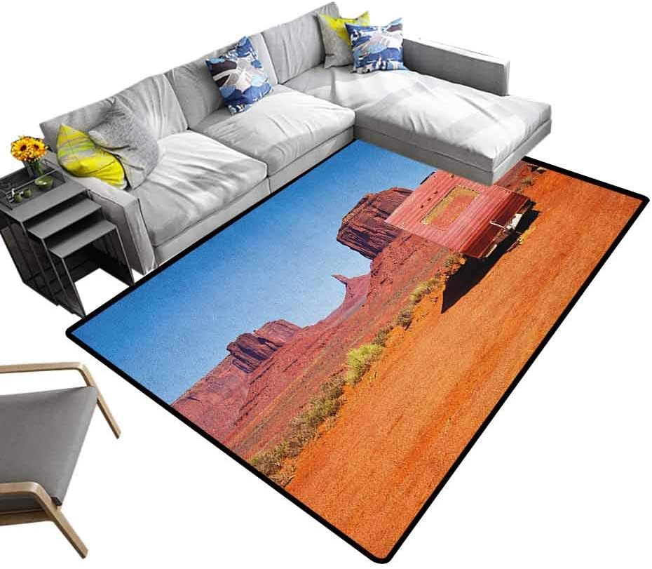 Primitive Country Non Slip Carpet Abandoned Caravan Design Monument Valley Arizona Desert Country Rugs Mat for Living Room Bedroom Orange Pink Blue (5'x7')