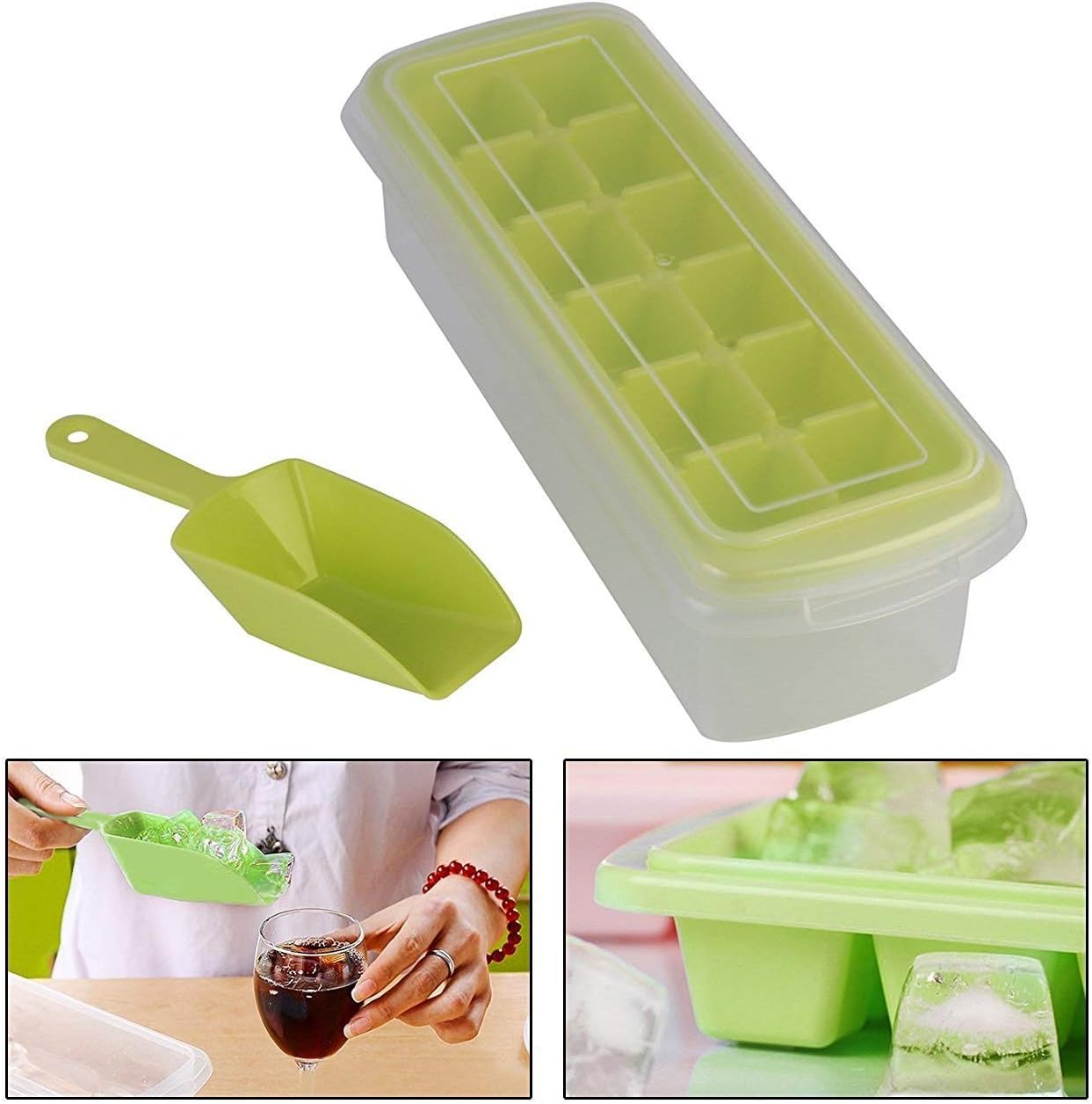 MeRaYo 12 Cubes Plastic Ice Tray for Fridge with Storage Box + Spoon + Transparent Cover Lid (Random Color)