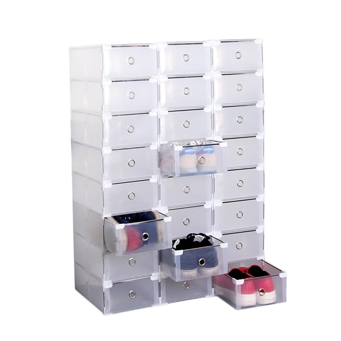 Homgrace 24 Cajas para Zapatos Transparente Plástico, Caja Guardar Zapatos, Calcetines, Juguetes, Cinturones para la organización de su hogar, Oficina