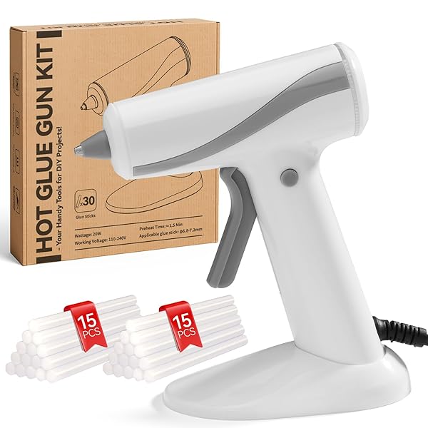 KRIGHTLINK HOT GLUE GUN KIT WITH 30 GLUE STICKS, FAST PREHEATING HOT MELT, 20W PRECISION NOZZLE HIGH TEMP FOR SCHOOL CRAFTS DIY ARTS AND HOME REPAIRS (WHITE GLUE GUN)