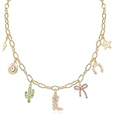 NEKOL Western Charm Necklace for Women, Stars Horseshoe Bow Cowboy Boots Cactus & Lightning Pendant Necklace with Sparkling Glass Diamonds, Fashionable Western Jewelry