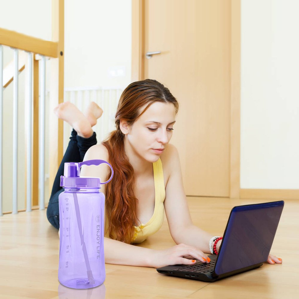 GTI 2L Large Capacity Sports Water Bottle, BPA Free 2 Liter 68 oz Wide Mouth Portable Big Plastic Bottle Leak Proof Space Cup Travel Mugs with Scale Straw Strap