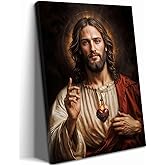 Framed Sacred Heart of Jesus Wall Art, Christian Divine Mercy Paintings Wall Decor, Christ Portrait Pictures Canvas Prints Catholic Religious Home Decor for Church Prayer Room Living Room 12X16 inch