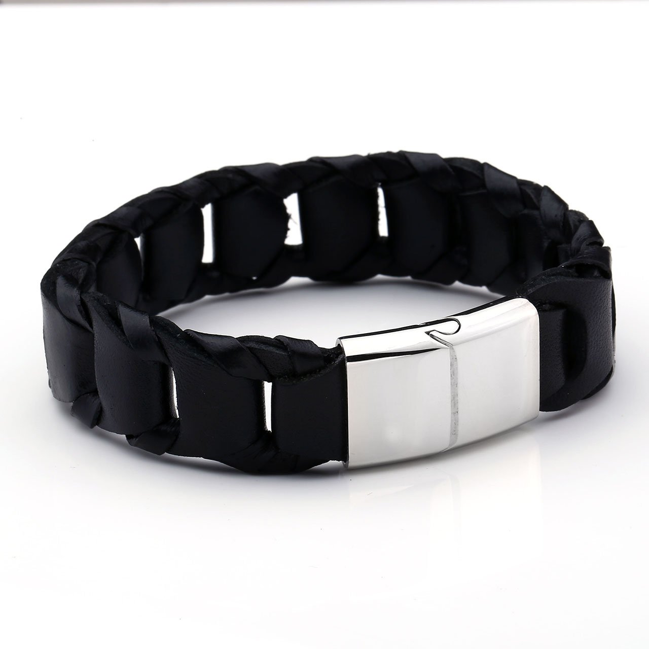 PiercingJ - Bijoux Bracelet Leather Cuir Veritable Large Tresse Coupe Croise avec Fermoir Acier Inoxydable Lien Poignet Manchette Biker Motard Chaine de Main Femme Homme - Noir