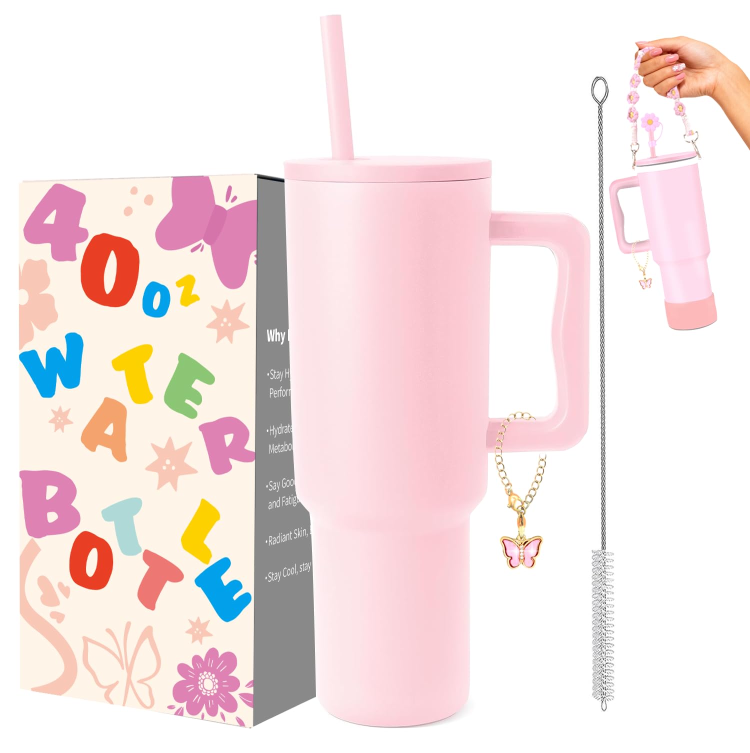 Sanilinwild 40 oz Tumbler Travel Mug Coffee Cup with Handle and Straw/Stainless Steel Double Wall Vacuum Insulated for Cold Hot Coffee -Easy to Carry-Holiday Gifts for Women Men 6PCS (Pink Dusk)