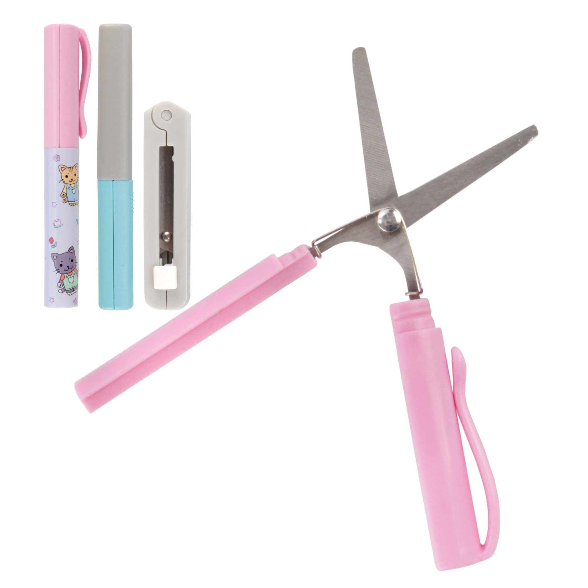 Portable Travel Scissors, Pen & Push Folding Style - Garden Kitty Pen, Light Blue Pen, Grey Push - 1 Pair Each