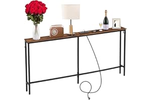 SUCRSIXBRO Console Table with Charging Station, 63" Narrow Sofa Table, Entryway Table with Outlets and USB Ports,Easy Assembly,Living Room, Bedroom,Rustic Brown