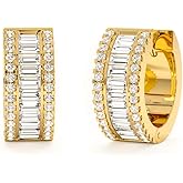 Iced CZ Huggie Trendy Elegant Hypoallergenic Chunky Yellow Gold Plated 925 Sterling Silver Post Brilliant Cubic Zirconia Thick Baguette Hoop Earrings For Men Women