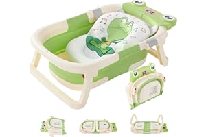 LUCAKUINS Foldable Baby Bathtub with Cushion & Water Thermometer and Drain Hole, Portable Durable Foldable Baby Bath Tub for Newborn Infants 0-36 Months (Green)
