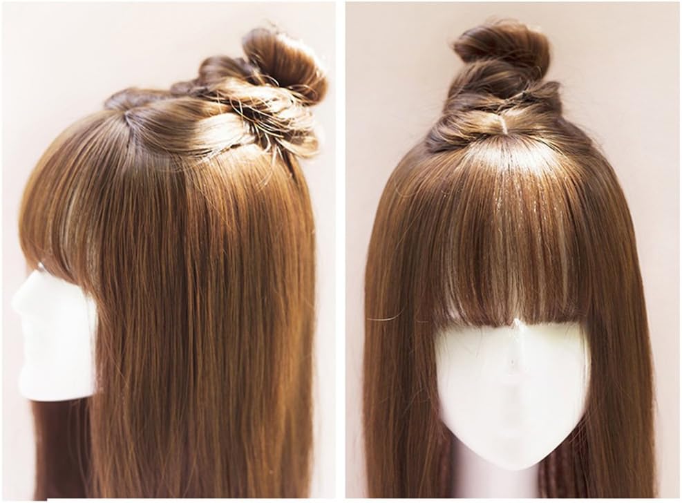 Remeehi 35cm Synthetic Seamless Hair Replacement Mono Hairpiece for Hair Loss Clip in Hair Topper with Flat Bangs Thin Light Brown - Image 5