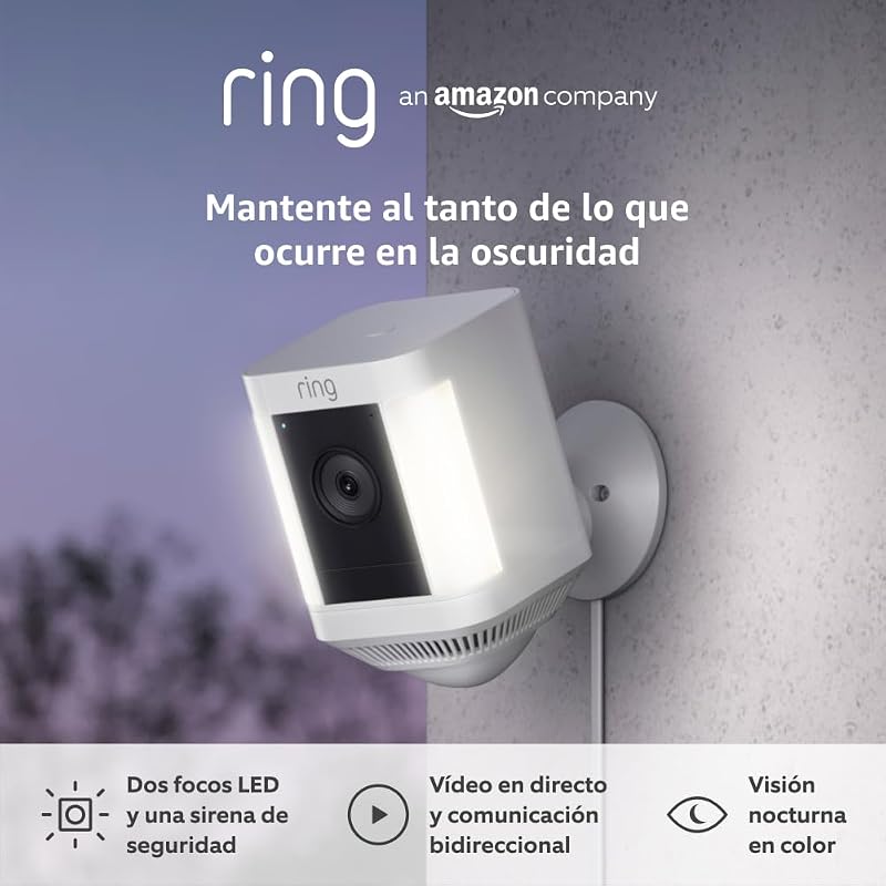 Câmara Spotlight Plus | Câmara de Vigilância Exterior Wi-Fi com Vídeo HD 1080p, Comunicação Bidirecional, Visão Noturna e Holofotes LED | 30 Dias Sem Ring Home
