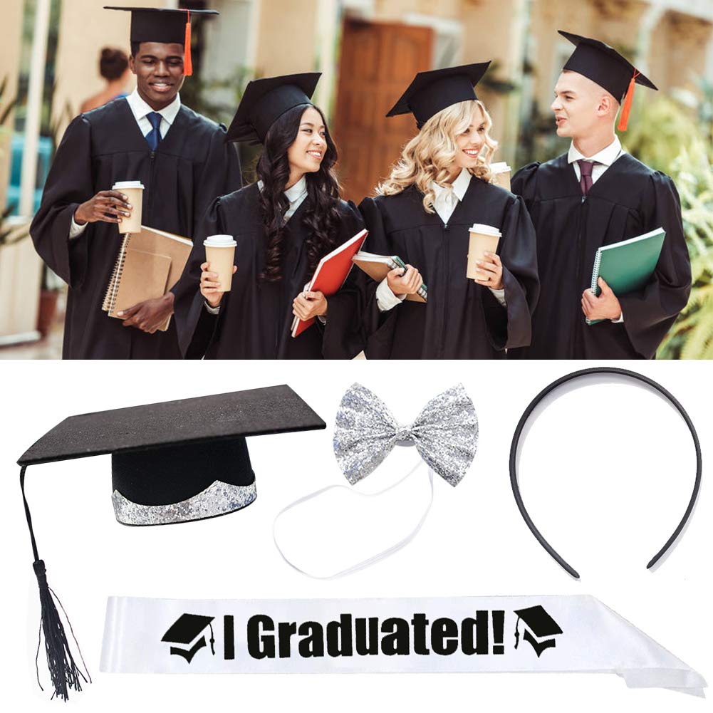 DomeStar Graduation Cap Sash Bowtie Set, Graduation Sash and Graduation Headband and Sequin Grad Bow Ties 3PCS Graduation Accessory Party Costume