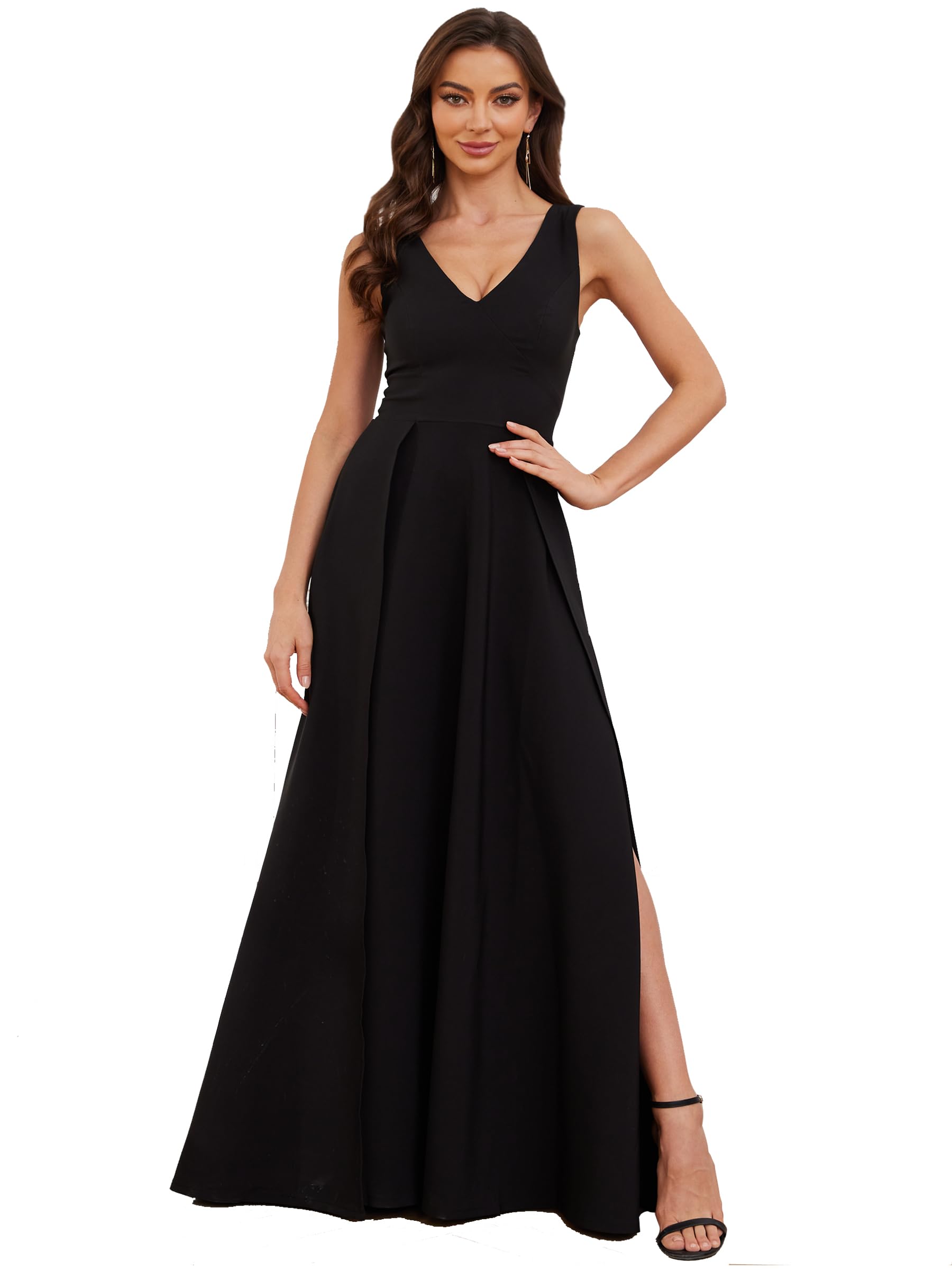 Photo 1 of MIQILADUNA Women's Formal Dress V Neck Sleeveless Winter Wedding Guest Split Cocktail Party Prom Long Dresses XL Black