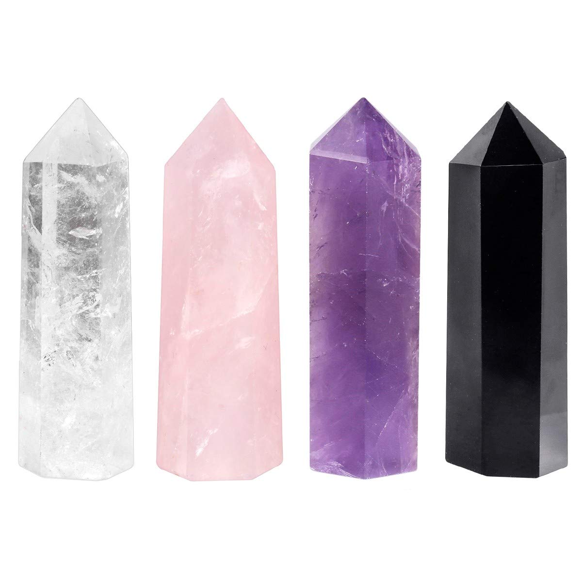 mookaitedecor Natural Healing Crystal Wands Set of 4, Quartz Crystal Stone Hexagonal Point for Chakra Meditation Wiccan Witchcraft Decor Gift, Amethyst & Rose Quartz & Clear Quartz & Black Obsidian