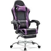Morkprism Gaming Chair,Computer Office Chair with Footrest,Massage Lumbar Support and Gel Pad,Ergonomic Reclining Adjustable Leather Gamer Chair with Headrest and Spring Cushion Purple